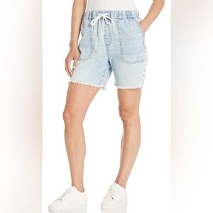 Black NYC Denim Short with Elastic Waist and Frayed Hem